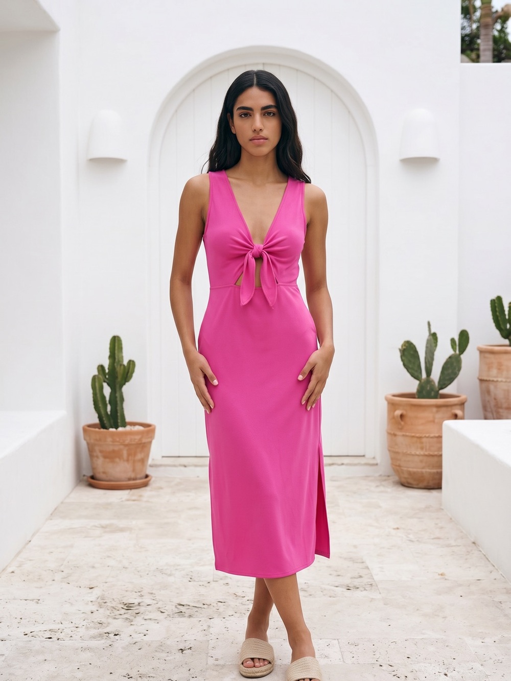 Leith Fuchsia Knot-Front Midi Dress